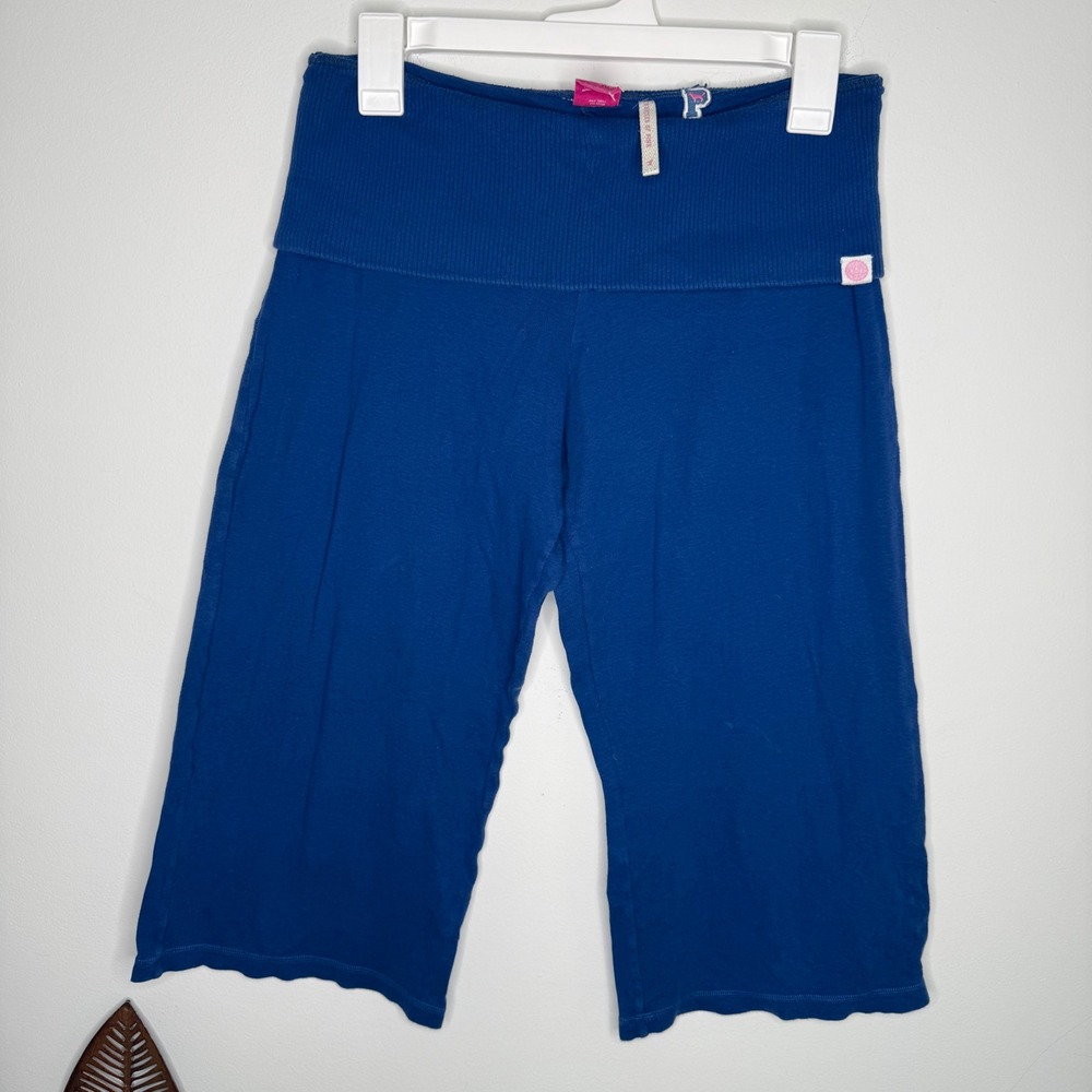 M2 PINK VS RARE Y2K Cropped Yoga Pants Blue Foldover Waist Lounge Capris M